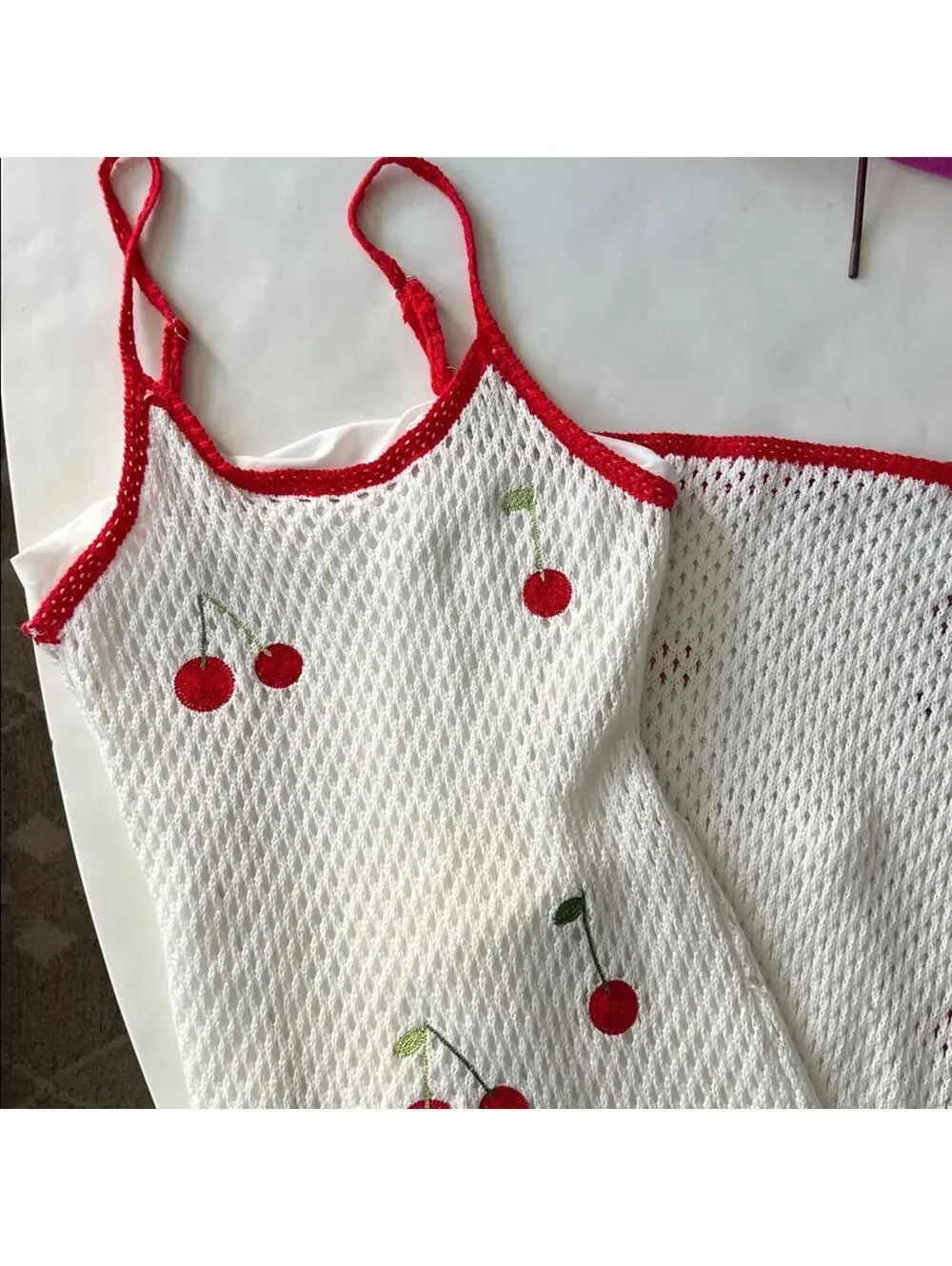 Sweet Girl Cherry Crochet Fruit Print Knit Maxi Dress White Red Size Large